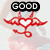 Red heart-shaped design with flowing lines above and below, black text boxes reading 'GOOD' at top left and 'BAD' at bottom right on light background.