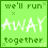 Pixelated green buddy icon with text and stick figures reading 'we'll run AWAY together' on a light green background.