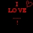 Red pixelated text and symbols on black background with one version showing a heart symbol replacing the word 'love' in 'I LOVE'.