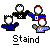 Pixel art of four figures with white faces and black outlines, one in a black shirt with checkered pattern, two in blue shirts, one in purple shirt, all holding hands in a circle above the word 'Staind' on gray background.