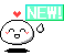 Pixelated white circular character with red blush marks, black shadow base, red heart above head, and green speech bubble reading 'NEW!' with yellow text.