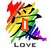 Rainbow-colored abstract figure with orange vertical bar, green 'LOVE' text below; black-and-white line art of stylized figures with green 'LOVE' overlay; pink 'YOU' text on dark background with heart shapes.