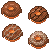 Four pixelated chocolate donuts with orange centers arranged in a 2x2 grid on a gray background, each with distinct frosting patterns.