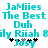Pixelated cyan text on white background with black and gray star-like symbols beneath the name.