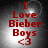Red text on a gray gradient background with a bright light effect, displaying "I Love Bieber Boys <3" in four