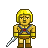 Pixel art character with blonde hair, blue chest harness, red gem, brown pants, and silver sword on gray background.