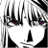 Pixelated grayscale icon shows a stylized face with sharp angular features and purple eye accents on a white background.