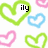 Pixelated heart-shaped icons in green, pink, and blue on white background with partial text fragments.