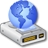 Pixelated blue globe resting on a gray USB flash drive with a gold connector, set against a white background.