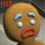 A 3x2 contact sheet of a gingerbread man icon with changing text overlays across five frames, showing the same character's face in each frame with slight mouth and eyebrow variations.