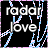 Animated icon with black background, light blue branching lines, red hearts, and yellow dots; text 'radar love' appears in top-left frames.
