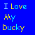 A 50x50 pixel animated buddy icon featuring a yellow rubber duck with an orange beak against a blue background, displaying text "I Love My Ducky" in alternating colors across two frames.