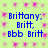 Blue pixelated text reading "Brittany, Britt, Bbb Britt" on a light green background with pink starburst patterns.