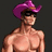 Pixelated image of a shirtless muscular figure wearing a purple cowboy hat and dark sunglasses against a split background.