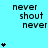 Cyan background with repeated 'never shout never' text and star symbols; stars animate by changing quantity in vertical