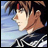 Pixelated anime-style character with brown hair and red headband, wearing dark checkered shirt against blue background, next to black with white text