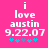 A bright pink background displays white pixelated text reading "i love austin 9.22.07" with five small star icons below, where the third star shifts from purple to cyan between frames.