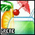 Pixelated image of a yellow lemon slice with green rind, a red cherry, and a pink flag on a blue pole, set against a light green background with a black banner reading 'iRENE' in white text.