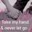 Pixelated image with hands holding, overlaid text in pink and white on black background.