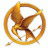 Golden circular symbol with a bird silhouette inside, rendered in pixelated style on white background.