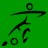 Green background with black stick-figure soccer players in motion, one kicking a ball and others positioned around it.