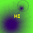 Four green-tinted display dark purple circular shapes with yellow 'HI' text, each showing a different arrangement of the shapes
