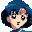 Pixelated character with blue hair and peach skin shows two expressions: open eyes with blue pupils and closed eyes with brown pupils.