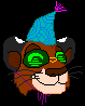 Pixelated cartoon animal head with blue party hat, green goggles, brown fur, black ears, and purple dripping effect on a black background.