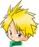 Animated cartoon head with spiky yellow hair, green bow tie, and purple eyes showing three expressions: neutral, squinting left eye, winking right eye.