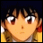 Pixelated anime-style character face with brown hair and large eyes, next to stylized text on black background.