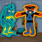 Pixelated cartoon-style buddy icon featuring two characters: a teal fish-like creature with yellow accents and a blue-suited figure in an orange-yellow outline, both standing against a gray background.