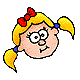 Pixelated cartoon girl with blonde pigtails, red bow, and blue hair ties in various expressions including smiling, squinting, and sticking out her tongue.