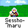 Animated contact sheet of 20 frames showing a pixel art character with light blue hair and red/black/yellow clothing in various poses against green grass and blue sky backgrounds, each frame labeled "Sessho-maru" below.