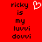 Red background with black text reading 'ricky is my luuvi dovvi' and a white pixelated heart symbol above the right-side text block.
