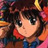 Anime-style character with dark hair and bangs, wearing a blue top with red accents, smiling with eyes closed against a colorful pixelated background.