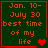 Four identical green square with red borders display orange text reading "Jan. 10-July 30 best time of my life" and vary in heart symbols at bottom right