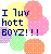 Pixelated graphic with blue text reading "I luv hott BOYZ!!!" over colorful polka-dot circles in yellow, pink, purple, green, and orange.