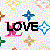 Pixelated image with 'LOVE' text in bold black letters, surrounded by multicolored star shapes on a pastel checkered background.