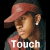 A person wearing a red cap and dark shirt with 'Touch' text below, shown in two states: left side has white text, right side has red text.