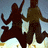 Two dark brown silhouetted figures in dynamic poses against a light blue and white gradient background with pixelated rendering.