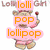 Pixelated cartoon bear with red bow tie, multiple text overlays in pink and green boxes, some text reads 'lollipop', 'euh', and 'pop!'