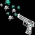 Pixelated icon of a silver revolver with cyan muzzle flashes against black background, showing multiple bullet impacts and scattered fragments.