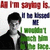 A static image of a person in a black jacket over a white shirt with text overlays in red, blue, and green.