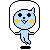 Pixelated light blue character with yellow cheeks, black eyes, and a small nose in three distinct poses against gray background.
