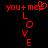 Red pixelated text and symbols on black background: 'you+me' with heart symbol above 'me', 'L' below 'you+me', and 'LOVE' vertically below 'L'.