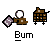 Pixelated animation of a brown figure with white eyes holding a purple object, next to a -patterned cart on gray background
