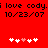 Red background with black text reading "i love cody.i love cody. 10/23/07" and two of five white plus signs, one with a pink center sign