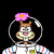 Pixelated cartoon character in astronaut suit with flower on helmet next to green text logo