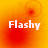 A four- displays the word 'Flashy' in white text over a gradient background shifting from orange to red, with animated circular patterns appearing and disappearing