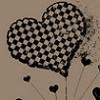 A static icon featuring two overlapping black-and-white checkered hearts on a beige background with scattered smaller black hearts.